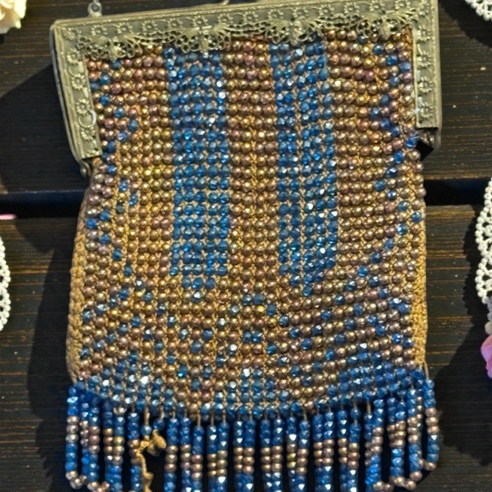 Vintage Art Deco Beaded Clutch in Blue and Brown Steel Cut Beads